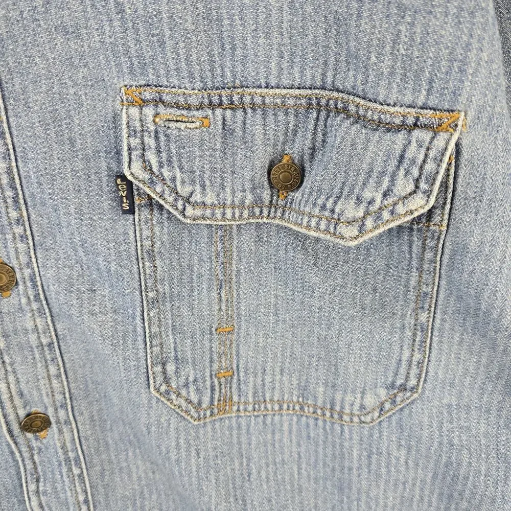 Vintage 90s Levis Denim Metal Button Up Shirt Large Blue Tab Ticking Stripe